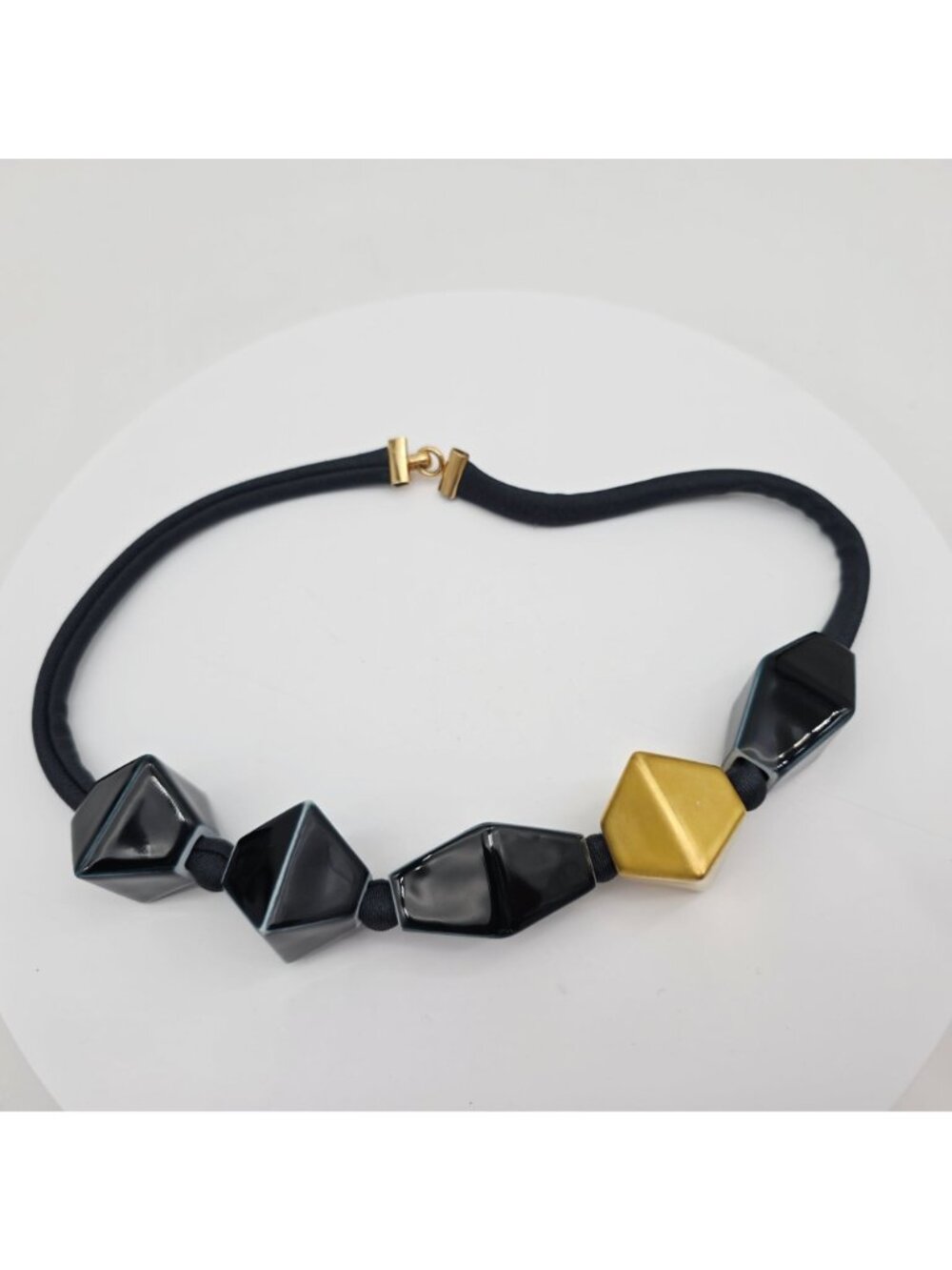 Bernardaud Geometric Black & Gold Porcelain Necklace Signed Iris Cofta 19" - Picture 3 of 6